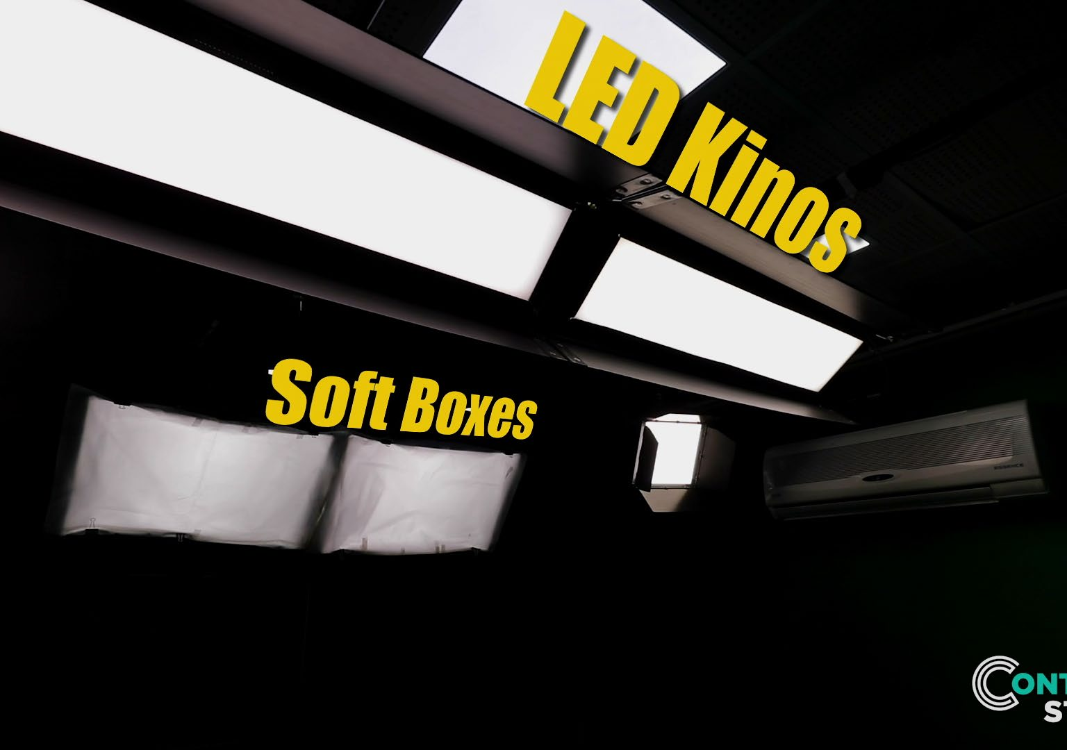 Content Studio green screen wide shot — full chroma room with professional lighting grid, Gurugram